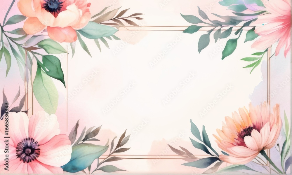Naklejka premium Watercolor Floral Frame with Pink and Peach Flowers