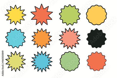 Colorful assorted geometric starburst shapes in vibrant pastel and bold hues