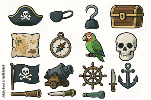 Pirate adventure icons: treasure chest, parrot, map, skull, compass, flag, cannon, hook, anchor