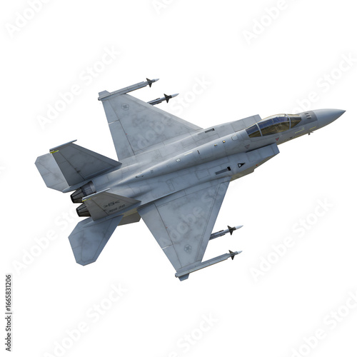Realistic 3D Render of a Fighter Jet in Flight with Gray and Blue Colors Isolated on a Transparent Background