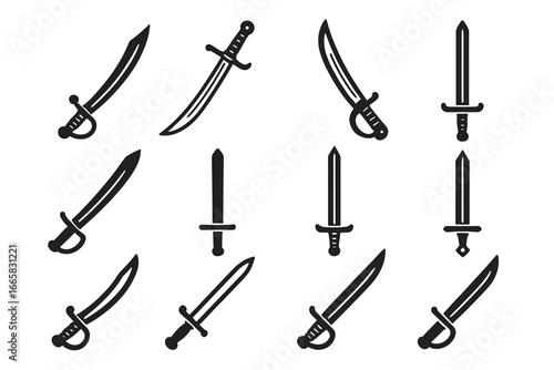 Set of various sword and saber silhouettes in black and white design