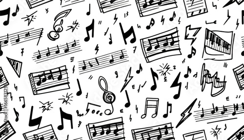 A detailed pattern with musical notes, symbols and treble clefs for a song, musical score background. A graphical representation of musical art