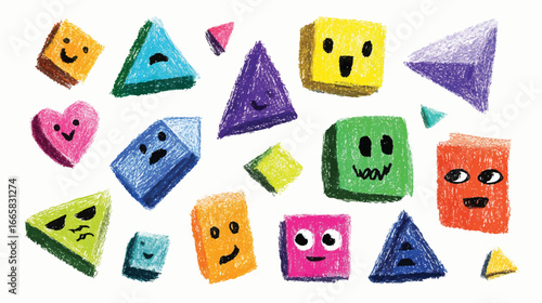 A colorful array of various cartoon geometric shapes, each with their own unique facial expressions and a crayon-like texture