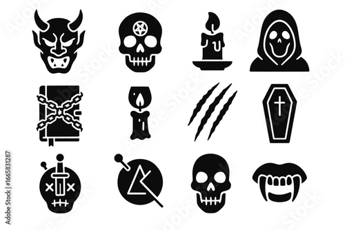 Collection of spooky halloween icons featuring skulls, candles, and masks