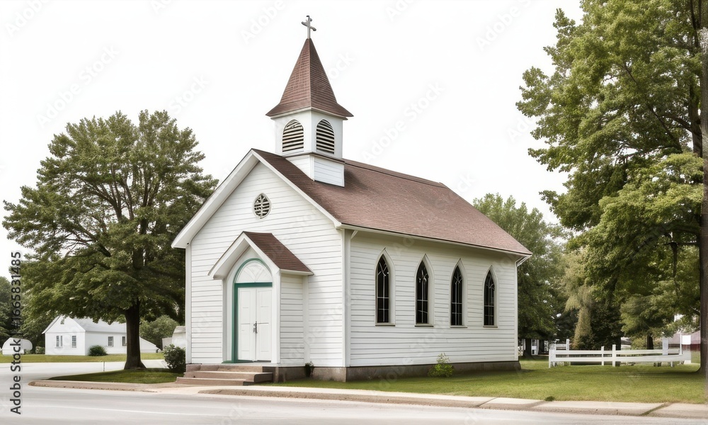 Fototapeta premium White Wooden Church in a Sunny Green Landscape