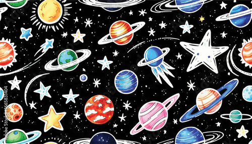 A celestial illustration of planets, stars and the sun in deep space. This art piece features various planets, stars, sun, with its own unique cosmic pattern that evokes feelings of wonder.