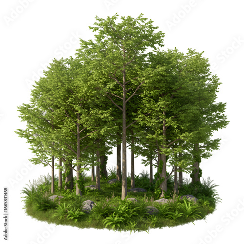 Realistic 3D Render of a Lush Green Forest Trees on Transparent Background