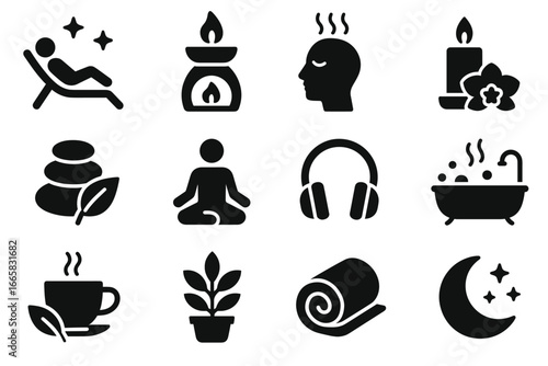 Wellness and relaxation icons featuring meditation, aromatherapy, and spa elements