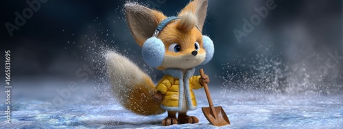 Joyful fox in winter clothing shoveling fresh snow