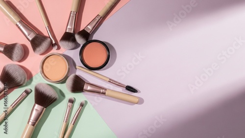 Pastel Flat Lay of Makeup Tools with Copy Space – 16:9