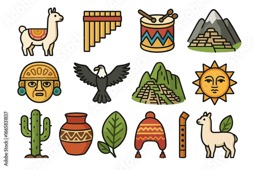 Colorful icons of peruvian culture: llama, pan flute, and inca symbols