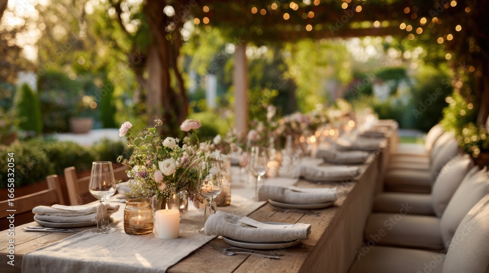 Obraz premium A beautifully arranged wedding banquet features a long wooden table adorned with floral centerpieces and glowing candles