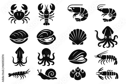 Seafood icons: crab, lobster, shrimp, shellfish, squid, octopus, snail illustrations