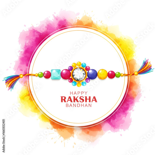 Raksha bandhan greeting card with colorful rakhi and watercolor background in a circular frame design