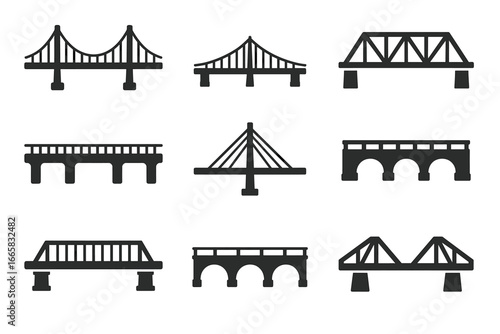 Collection of nine unique bridge icons with various designs and structures
