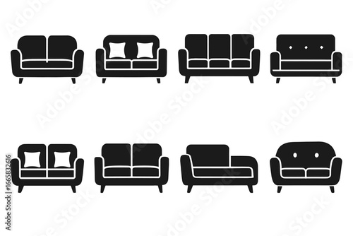 Collection of eight modern sofa silhouettes in black and white