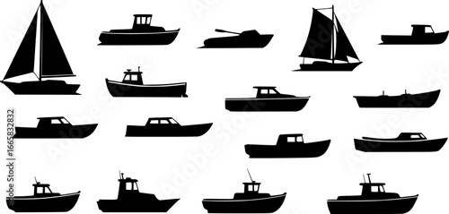 Illustration of various boats including sailboats and rowboats in black silhouette on a white background | editable eps vectors