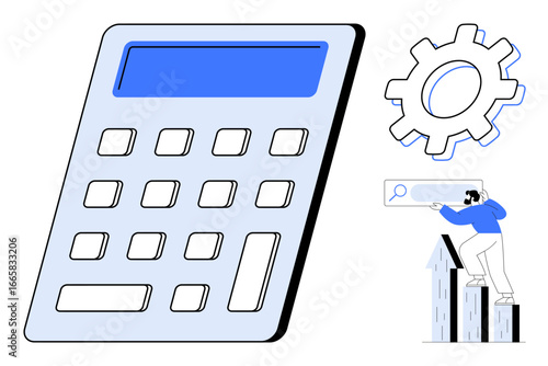 Large calculator, cogwheel for optimization, and man analyzing search bar with growth bar chart. Ideal for finance, productivity, business strategy, optimization, data research efficiency. Simple