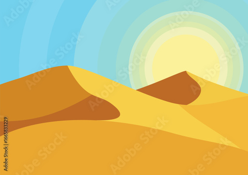 desert landscape with a bright sun over sand dunes. Flat vector illustration of hot summer weather. Dry nature background.