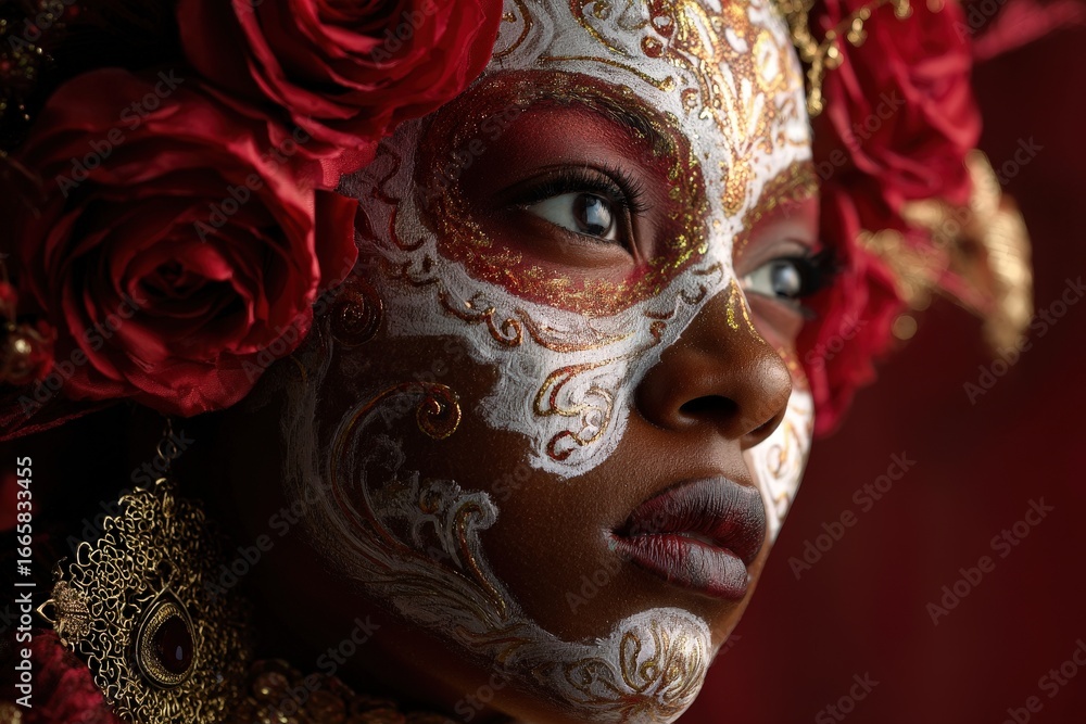 Naklejka premium A close-up portrait of a woman with elaborate face paint and ornate adornments, showcasing a dramatic contrast of rich colors and intricate patterns.