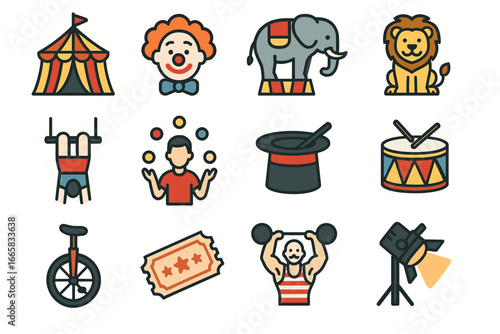 Colorful circus icons: clown, elephant, lion, and more entertaining elements