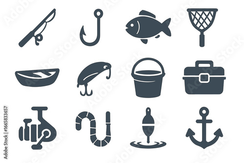 Fishing gear icons set: rod, hook, fish, net, boat, lure, bucket, tackle box, pump, worm, floater, anchor