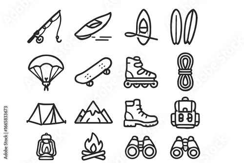 Outdoor adventure icons: fishing, kayaking, camping, hiking, parachuting, skateboarding
