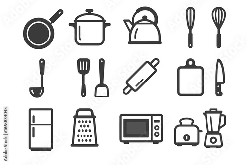 Kitchen utensil icons featuring pots, kettles, cutlery, and appliances