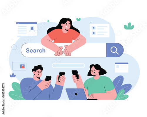Digital Era Search Interaction: A vibrant, vector-style depiction of three individuals engaging in digital searches, highlighting the modern methods of gathering and sharing information. 