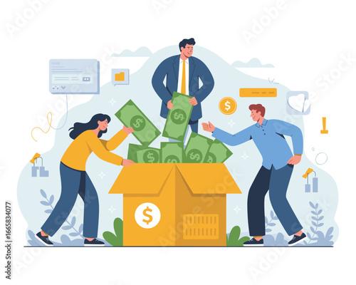 Funding for Future: An illustration of three people, a businesswoman, a businessman and another man, managing a box full of money, symbolizing investments and financial growth for the future