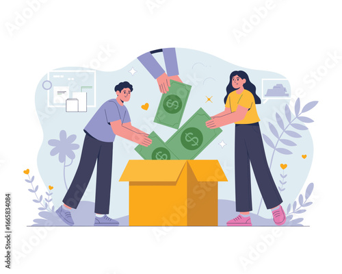 Community in Giving: Witness the spirit of charity and communal support through a symbolic illustration of hands contributing monetary donations into a shared collection box.