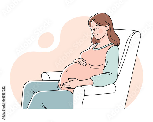 Mom-to-be: A calm and elegant pregnant woman, radiating serenity while cradling her baby bump with loving hands, seated in a comfortable armchair, capturing the beauty of motherhood. 