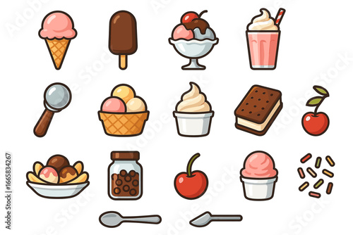 Assorted ice cream and dessert illustrations: cones, sundae, soft serve, milkshake, toppings