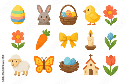 Colorful easter symbols: eggs, bunny, chick, and flowers