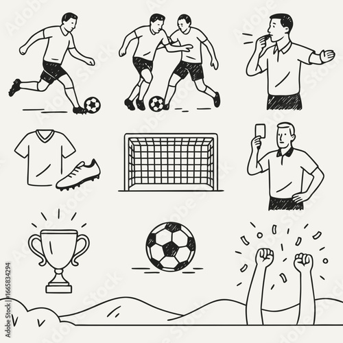 Hand-drawn Soccer Illustration: Players, Referee, Goal, Trophy, and Celebration Graphics