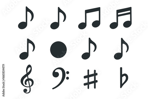Collection of black musical notes and symbols on white background