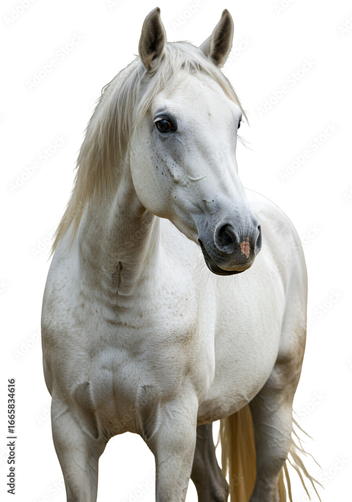 Obraz premium Isolated Photo Of A White Horse With Graceful Head Facing Right