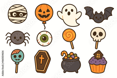 Cute halloween icons collection: ghost, pumpkin, bat, spider, mummy, skull, candy, cauldron