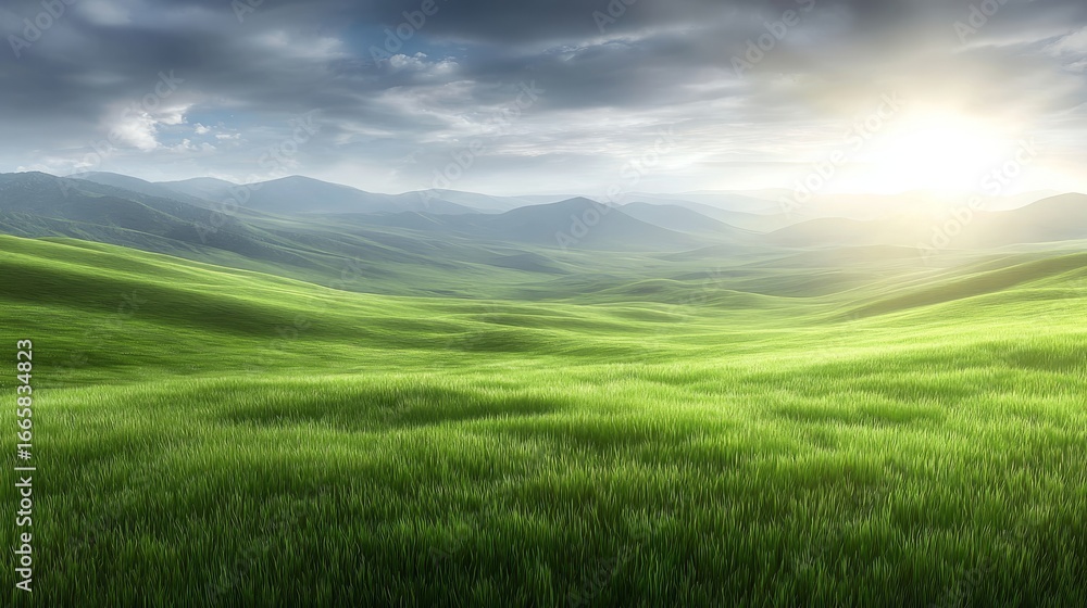 Obraz premium A beautiful scenic landscape featuring a vast open field of lush green grass stretching towards a majestic mountain range visible in the distant background on a clear day.