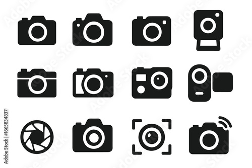 Set of various camera icons: vintage, modern, lens, polaroid, simple