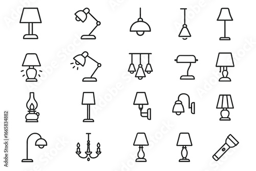 Collection of various lamp icons in line art style