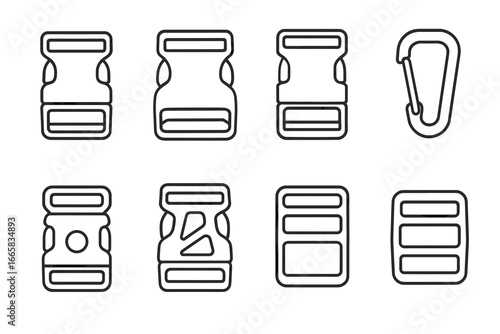 Set of eight line art bag clip buckles and carabiner icons