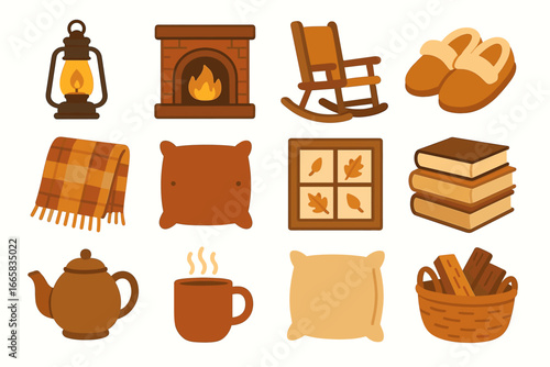Cozy autumn objects set: fireplace, rocking chair, hot drink, lantern, books, blanket, pillow