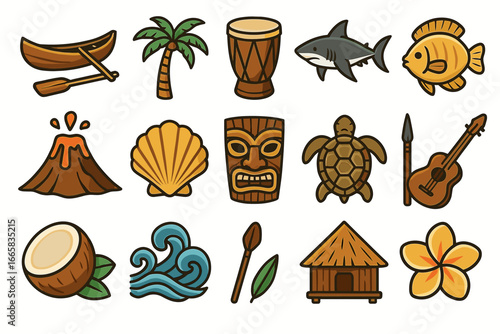 Colorful hawaiian icons: nature, wildlife, culture, and adventure