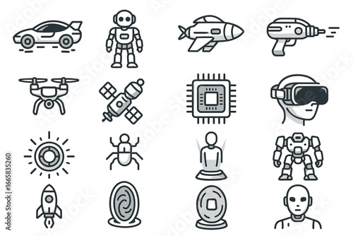 Futuristic technology icons collection: robots, gadgets, ai, and space exploration