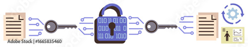 Padlock with binary code centers two documents, connected via keys and circuits. Ideal for cybersecurity, encryption, privacy, secure communication, technology, data protection, and safe systems