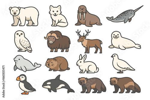 Collection of cartoon arctic animals in various cute and playful poses on white background