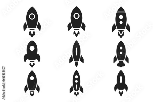 Set of black rocket icons in various designs and orientations