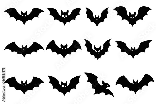 Halloween silhouettes: set of black bat icons with various wing spans and expressions