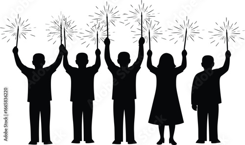 Silhouette of a group of people holding sparklers, celebrating a festive occasion with joy and excitement